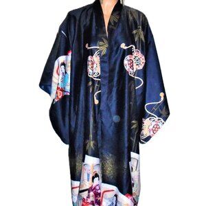 Vintage Navy Blue Asian Kimono Robe One Size